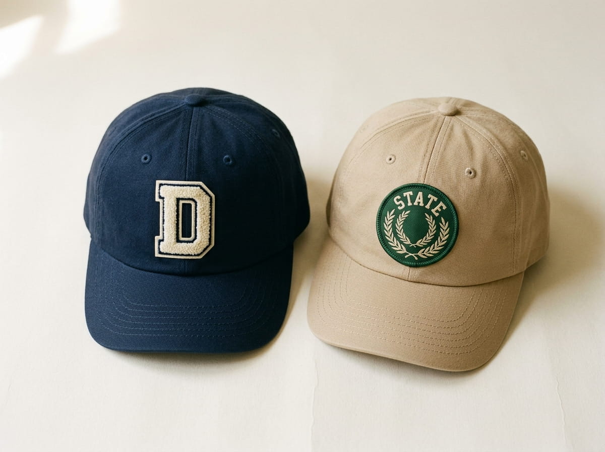 Two baseball caps showing a chenille letter patch and a heritage woven patch side by side