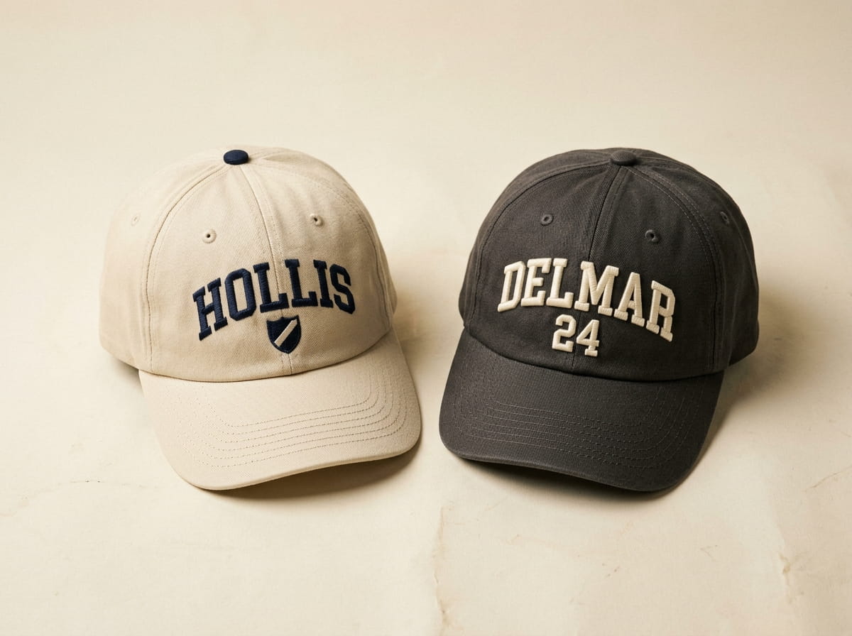Two cotton-twill baseball caps showing flat embroidery and 3D puff embroidery side by side