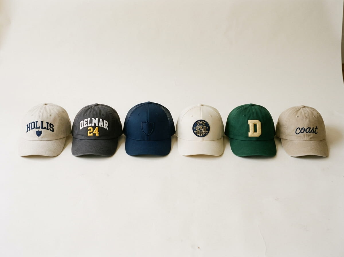Six baseball caps in different fabrics and decoration treatments laid in a row