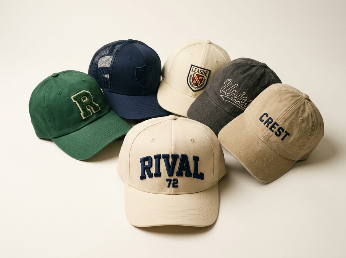 Stack of decorated baseball caps in bulk for a team and event order