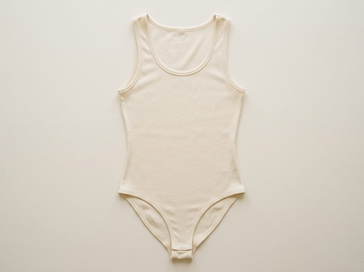 Custom bodysuit anatomy — racerback / sleeveless neckline, front chest panel, sleeveless armhole, body-hugging cotton-spandex stretch, smooth tapered hip / crotch panel