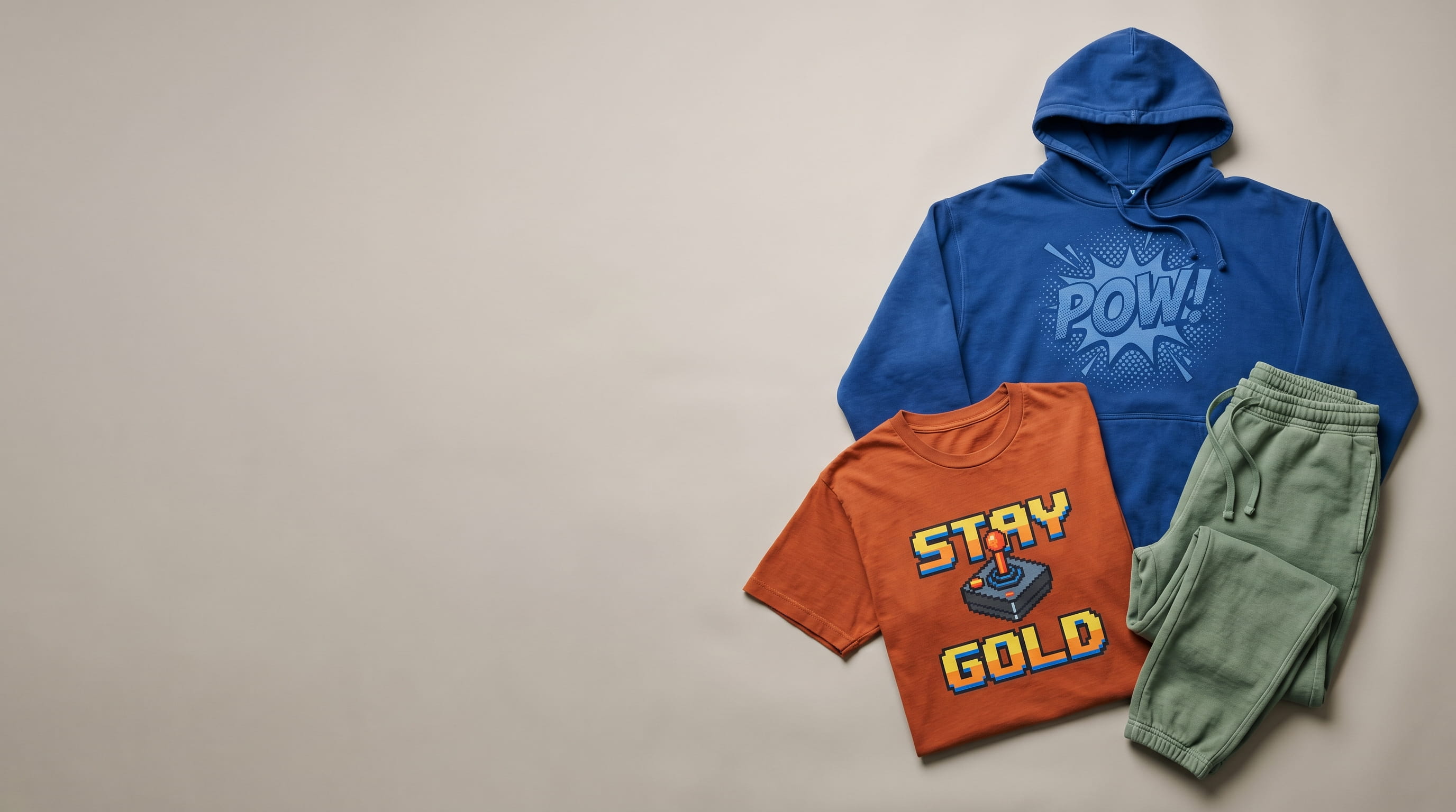 Custom garment-dyed hoodie, t-shirt, and sweatpants in rich brand colors