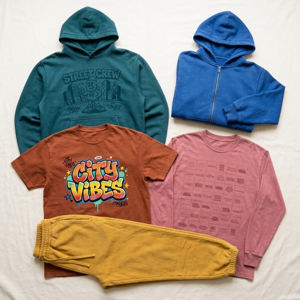 Flat-lay of custom garment-dyed apparel in a coordinated palette