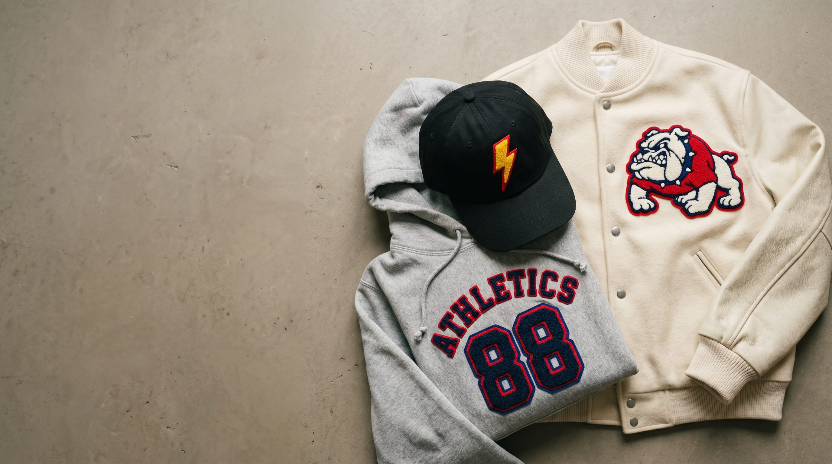 Plush chenille varsity patches on a jacket, hoodie and cap
