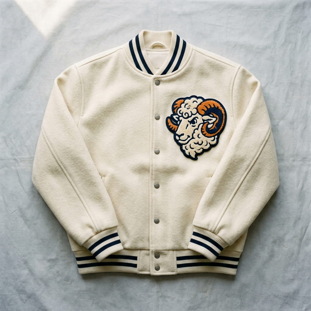 Bold mascot chenille patch on a varsity jacket