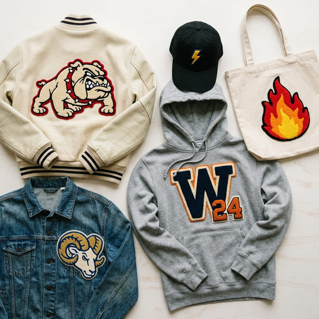 Custom chenille patch proofs across apparel