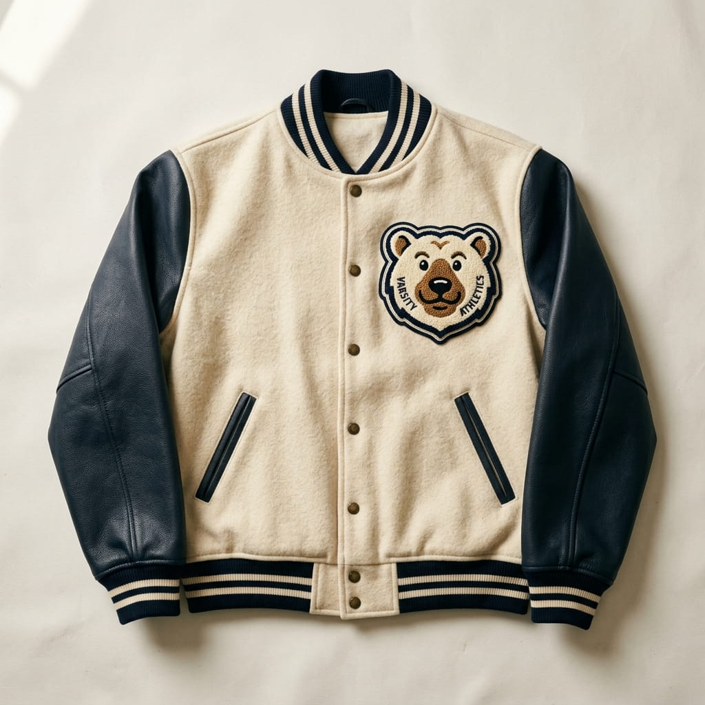Bear mascot chenille patch on a varsity jacket