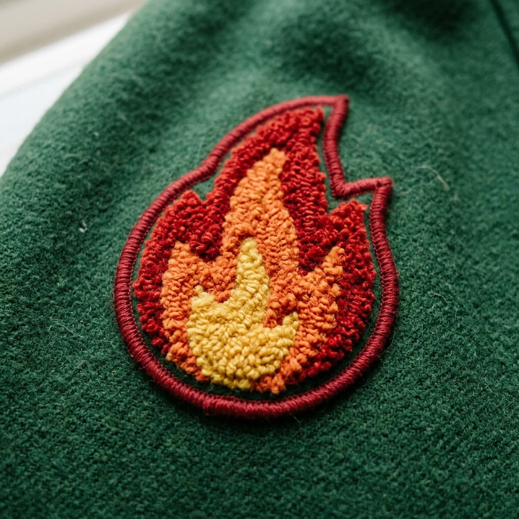 Plush chenille flame patch with merrowed border
