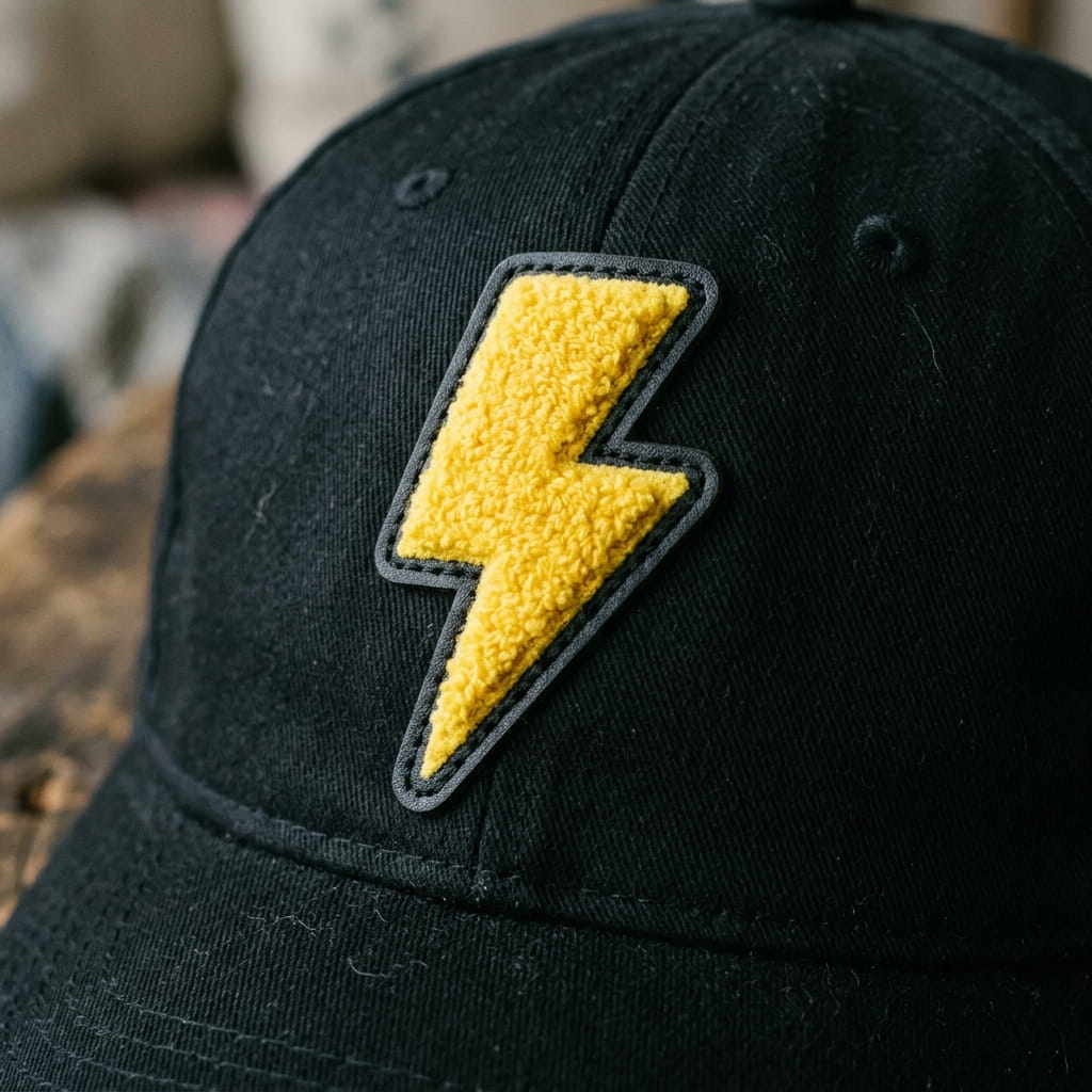 Hot-cut chenille lightning emblem on a cap