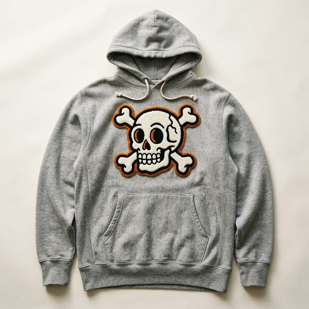 Skull chenille patch on a hoodie