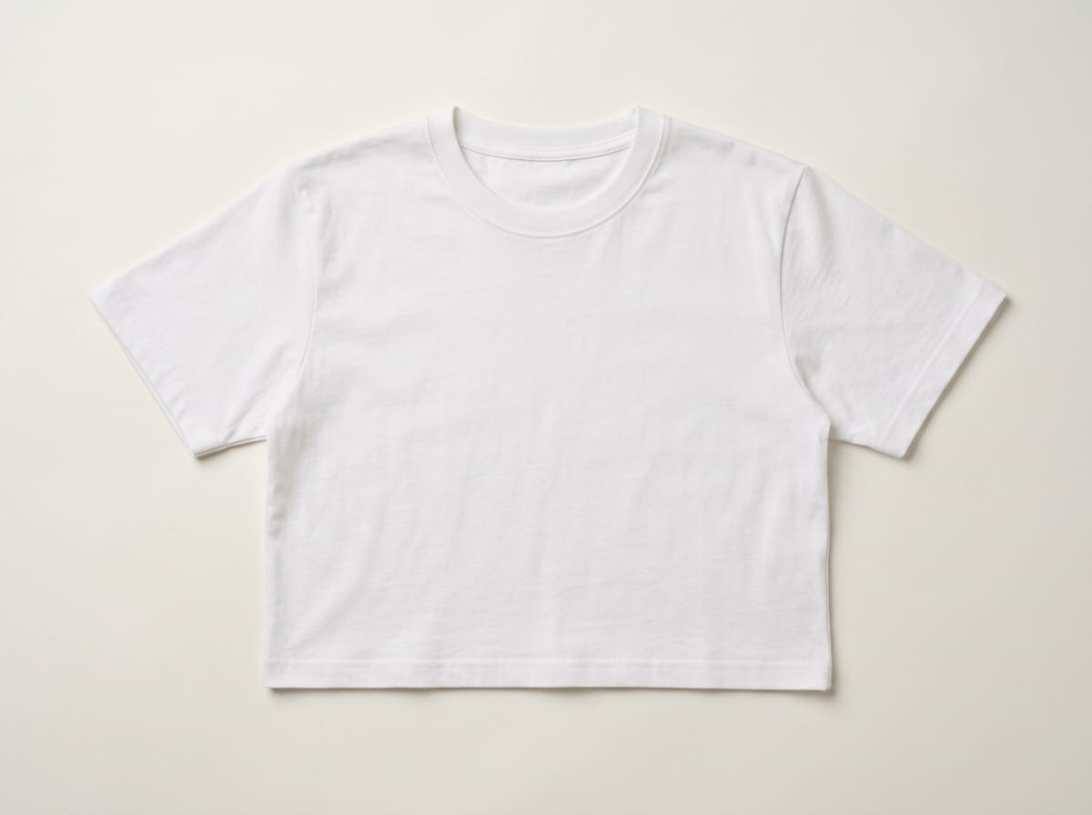 Custom crop top cotton t-shirt anatomy — crew/scoop neckline, shoulder seam, cropped front panel, set-in short sleeve, cropped hem