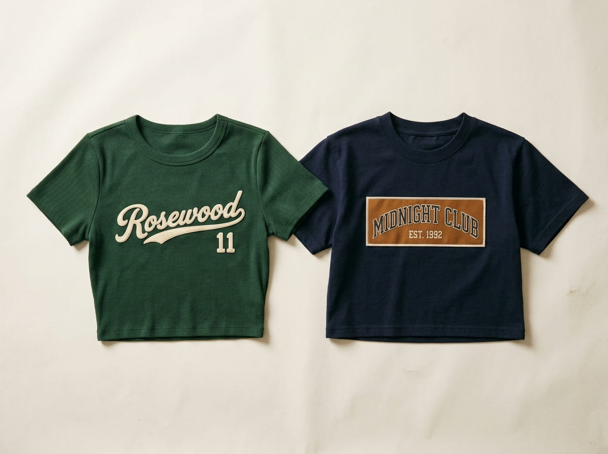 Two crop tees showing chain-stitch embroidery and a heritage twill banner patch side by side