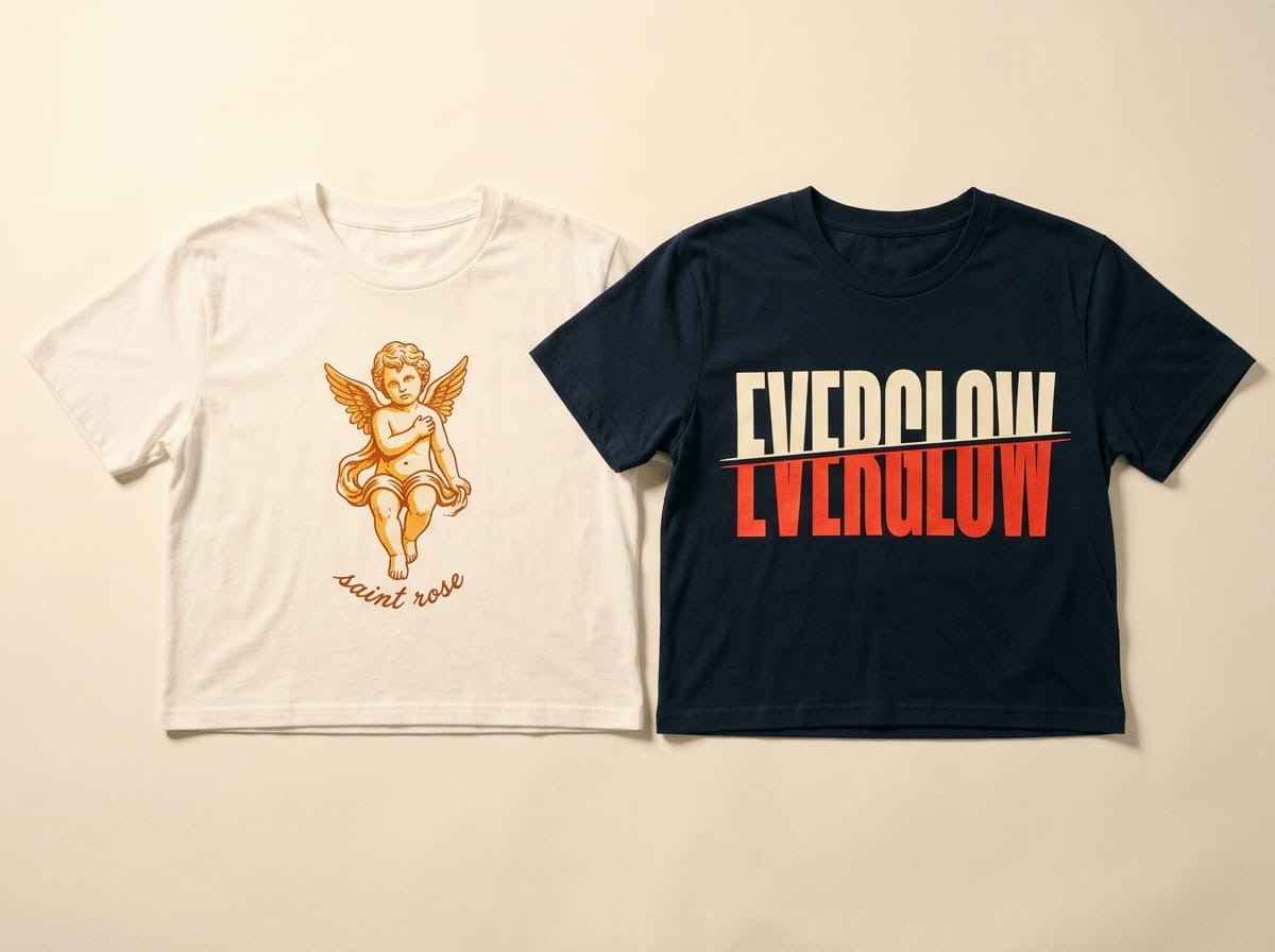 Two crop tees showing a full-chest screen print and a full-color DTG print side by side