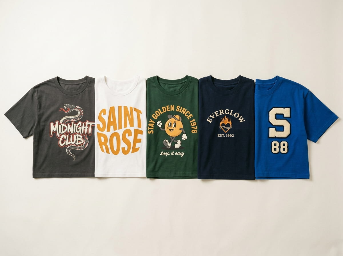 Five crop tees in different fabrics and decoration treatments laid in a row