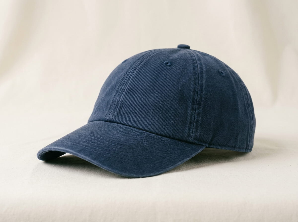 Custom dad hat anatomy — unstructured low-profile crown, soft front panel, side panel, pre-curved brim, adjustable strap and buckle closure