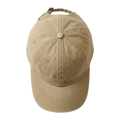 Custom Dad Hat decoration zones — top-down flat-lay showing the soft front panel, side panels, and curved brim