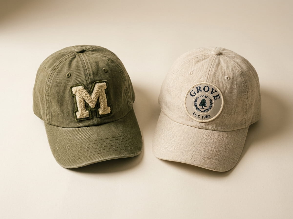 Two dad hats showing a chenille letter patch and a heritage woven patch side by side