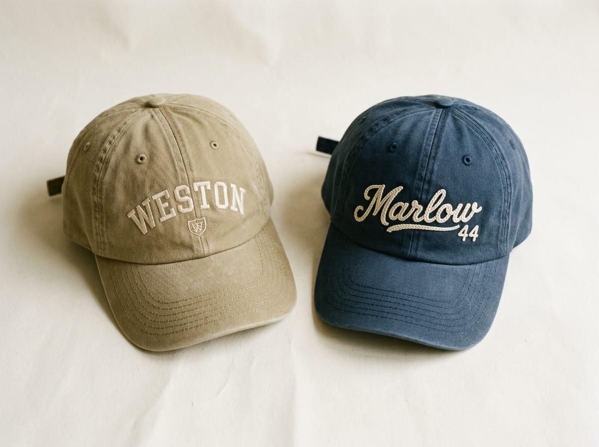 Two peached-twill dad hats showing flat embroidery and chain-stitch side by side