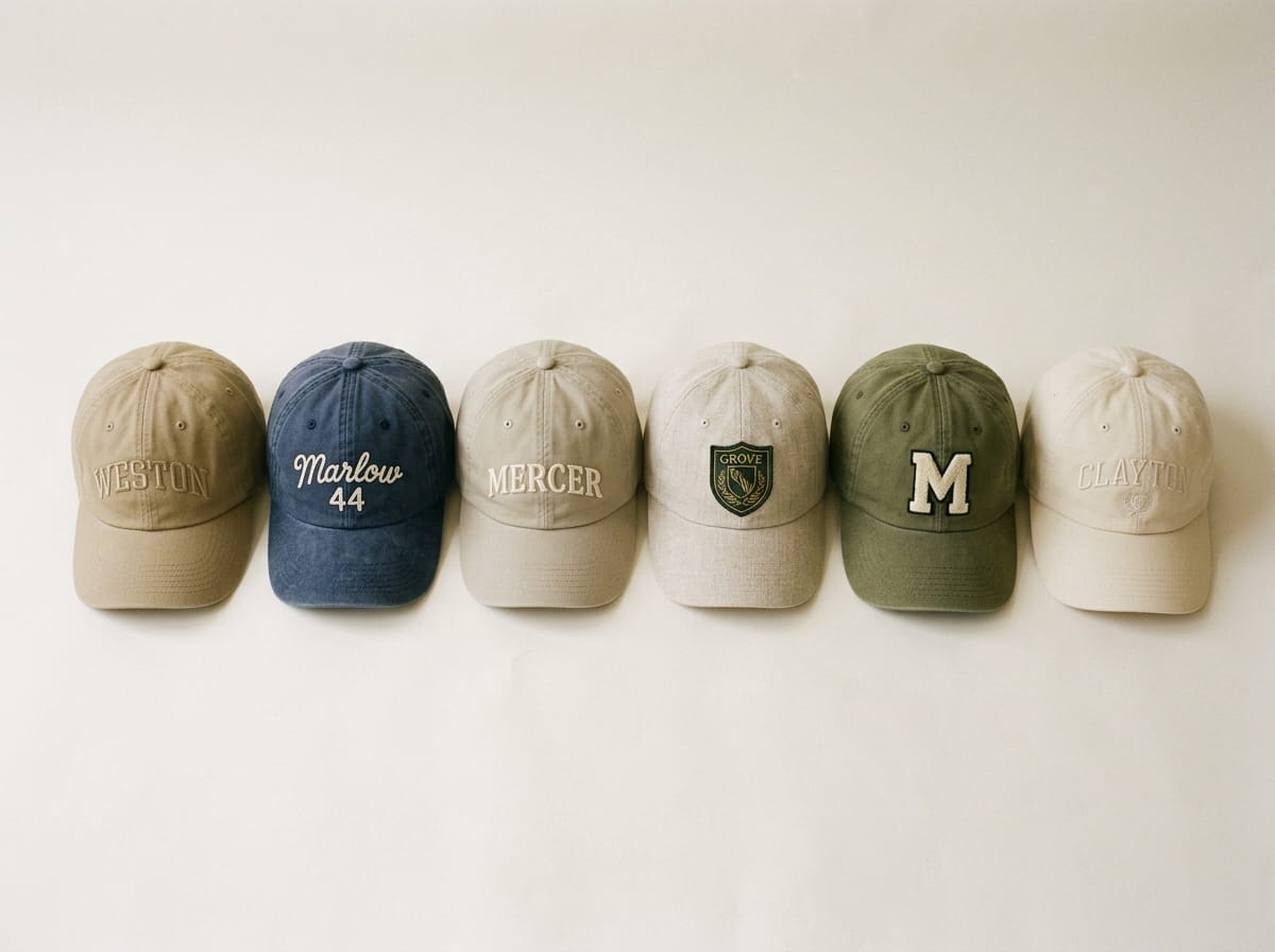 Six dad hats in different fabrics and decoration treatments laid in a row