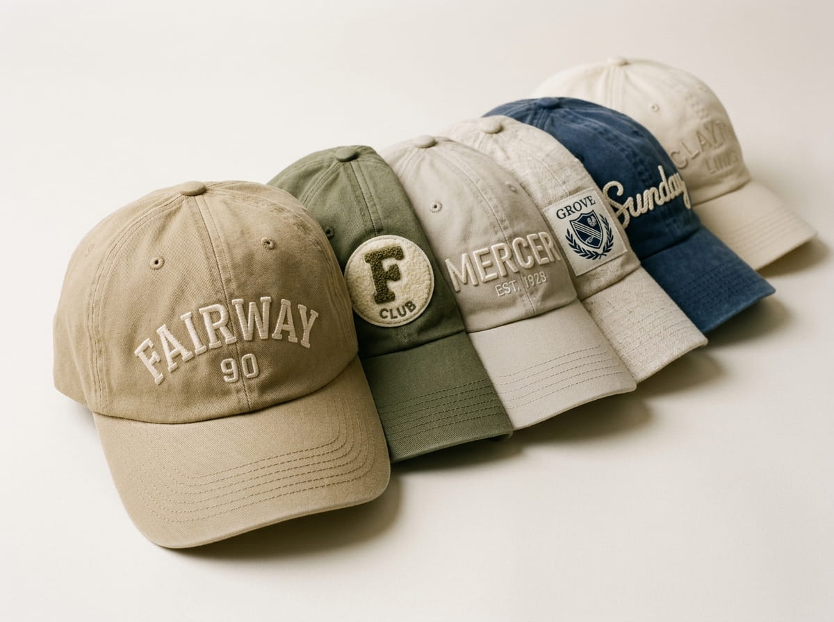 Stack of decorated dad hats in bulk for a streetwear and corporate order