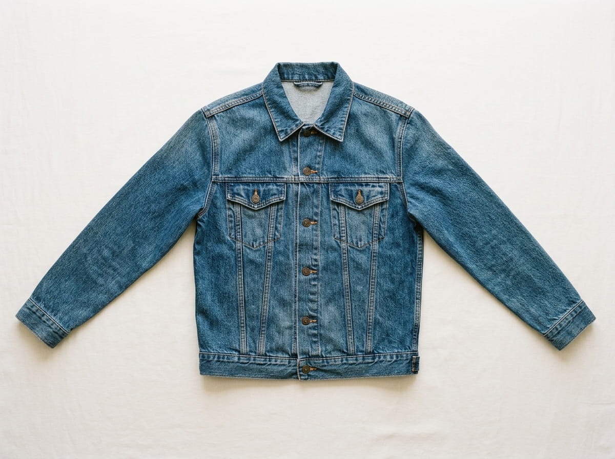 Custom denim jacket anatomy — point collar, button front placket, flap chest pockets, full back panel, button cuffs and waist tabs
