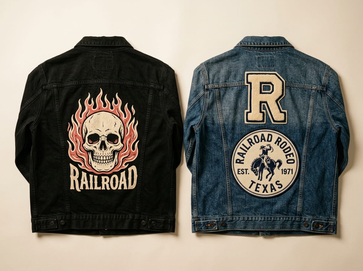 Two denim jackets showing a full-back screen print and a woven back-panel patch side by side