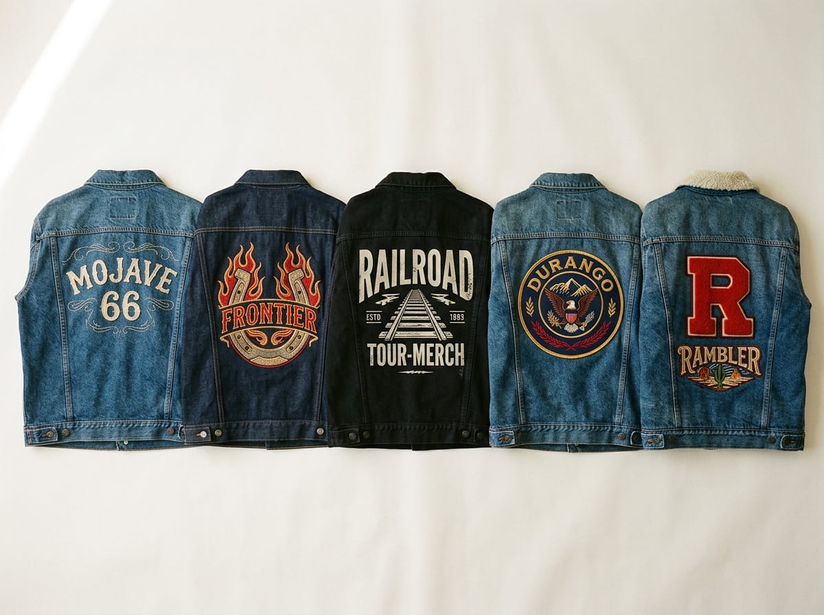 Five denim jackets in different washes and decoration treatments laid in a row