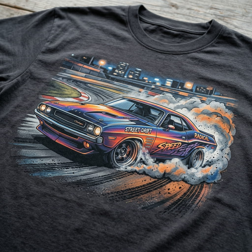 Close-up of a full-color DTG print on a cotton t-shirt