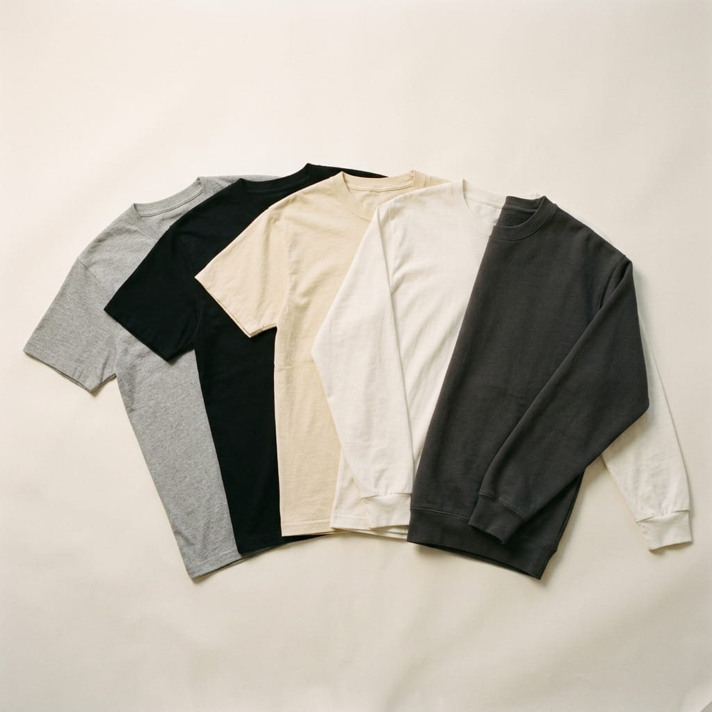 Five DTG-optimized cotton silhouettes flat-laid on a clean studio background