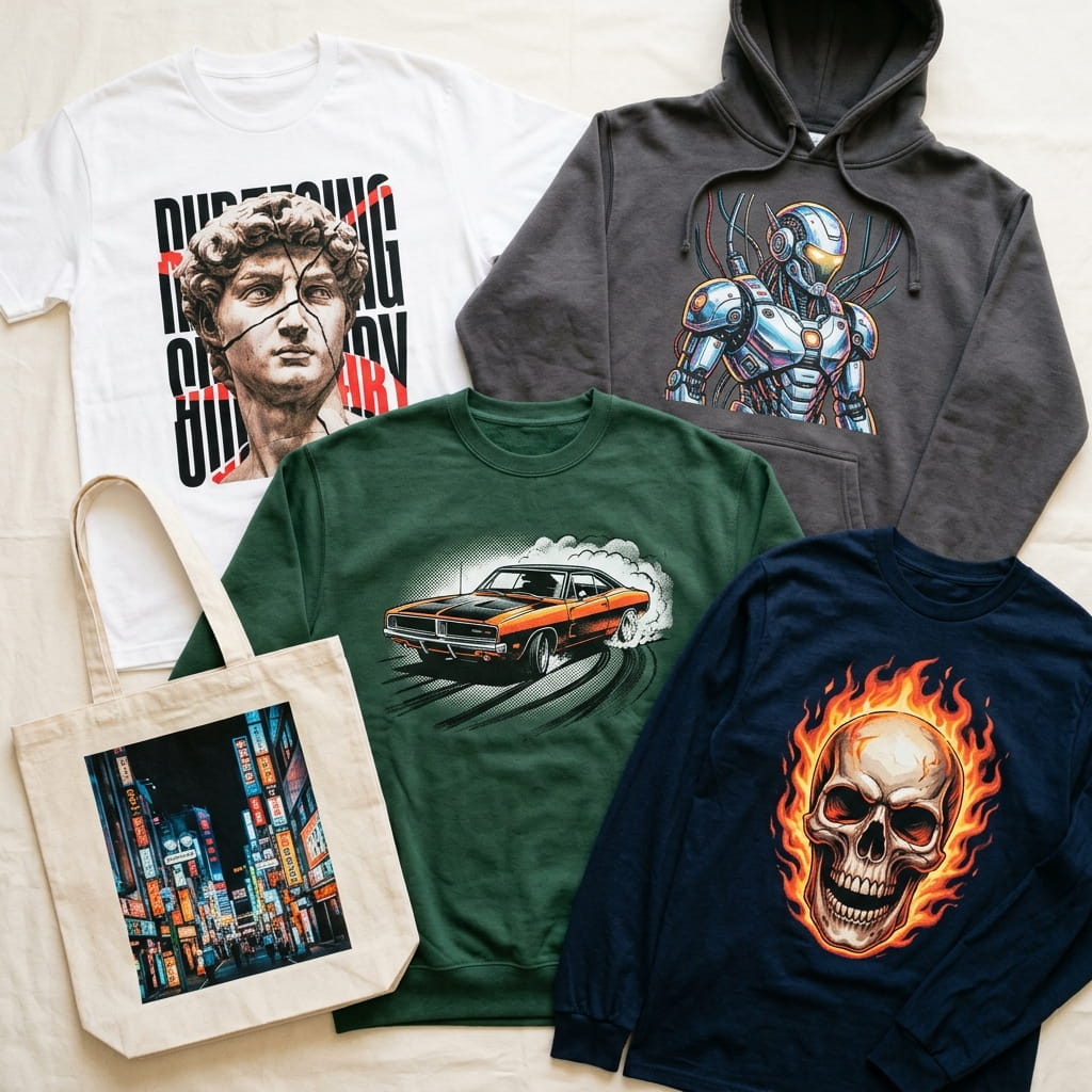 Full-color DTG prints showcased across a t-shirt, hoodie, crewneck, tote bag, and long-sleeve tee