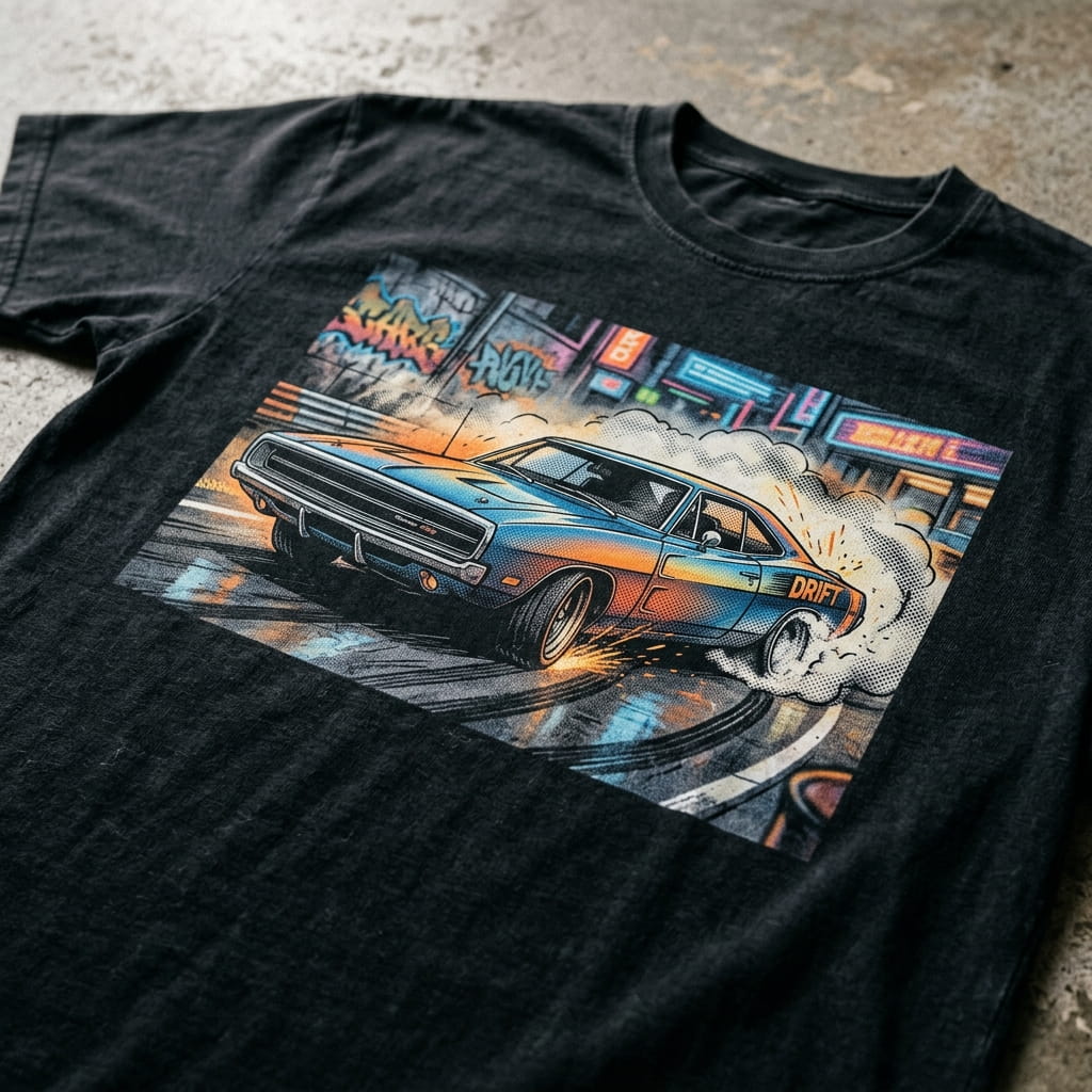 DTG-printed apparel with a full-color streetwear graphic