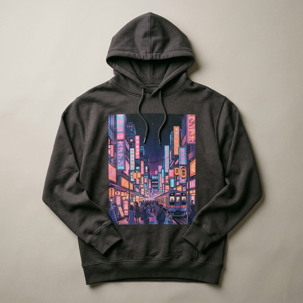 DTG-printed apparel with a full-color streetwear graphic