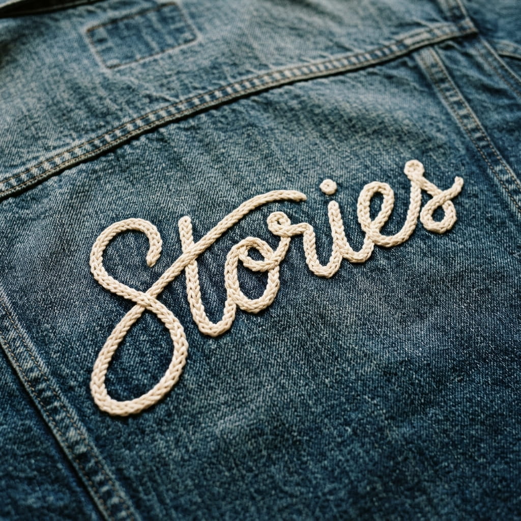 Looped vintage chain stitch script on denim