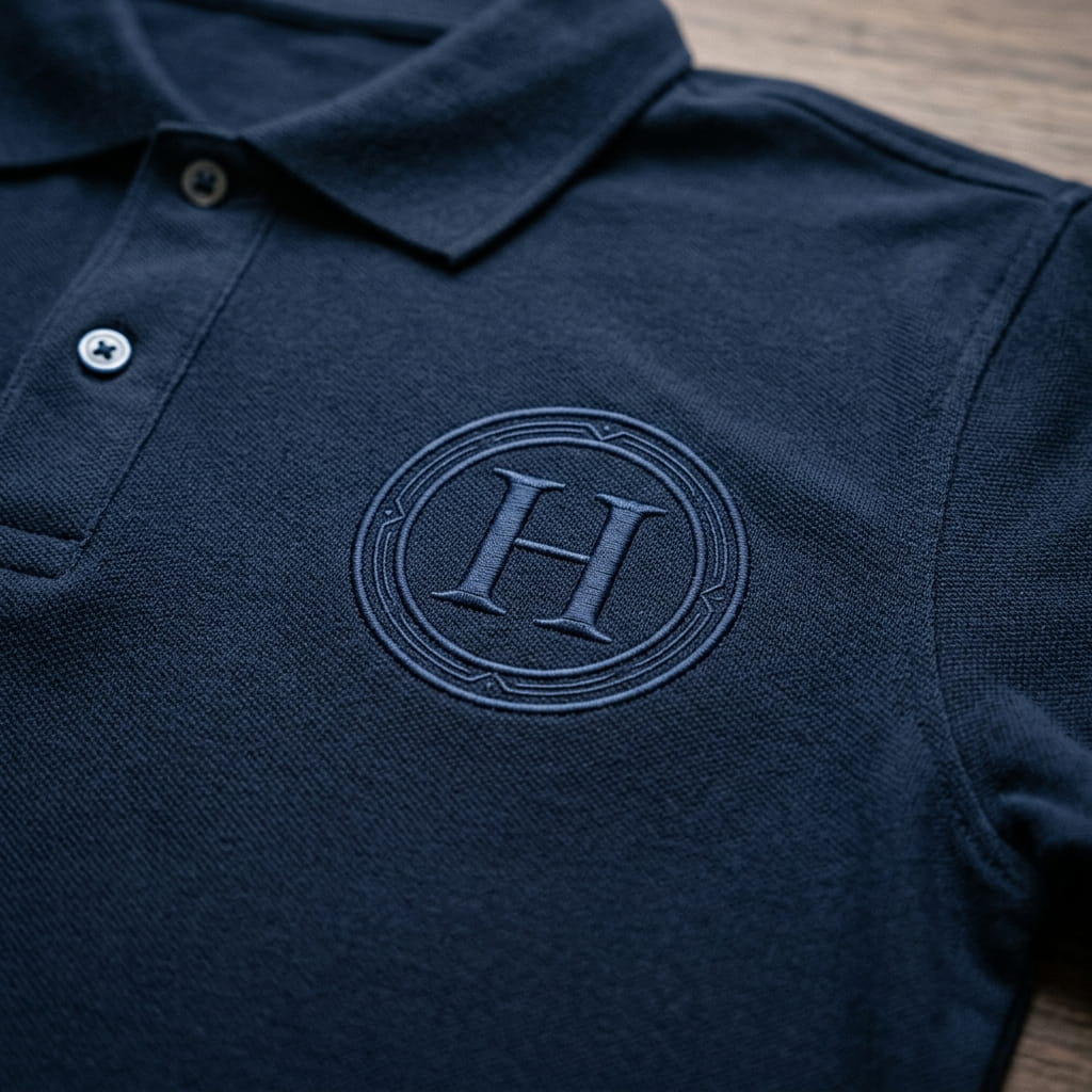 Clean flat embroidery monogram on a polo
