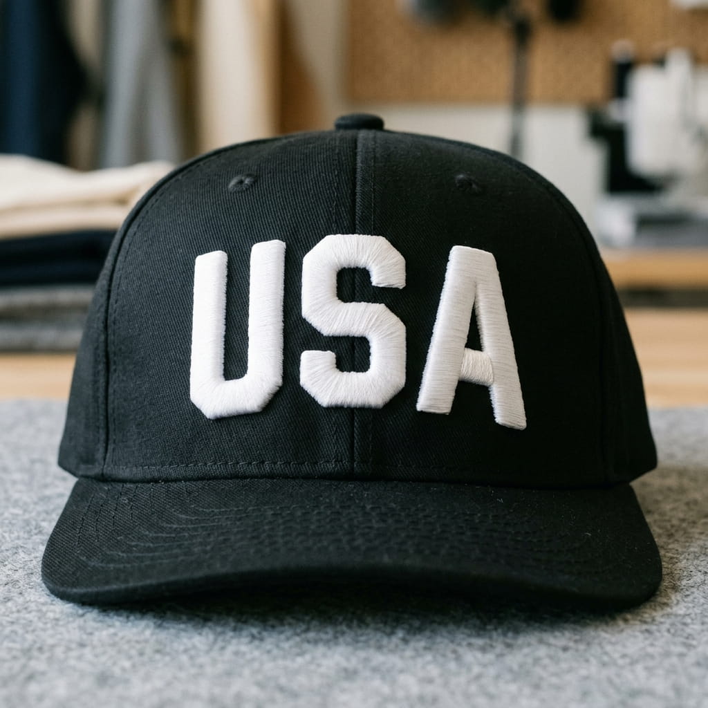 Bold 3D puff embroidery on a cap