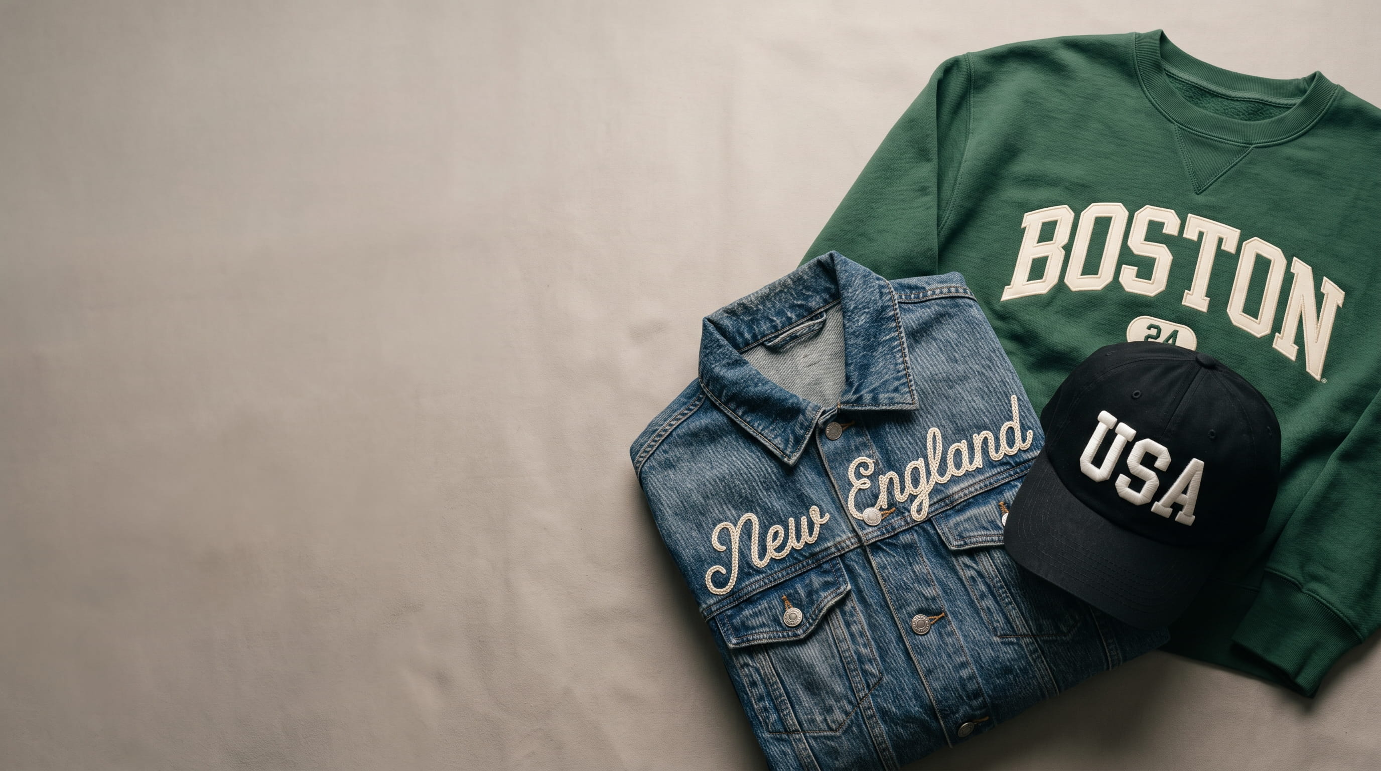 Custom-embroidered apparel — flat, 3D puff and chain stitch