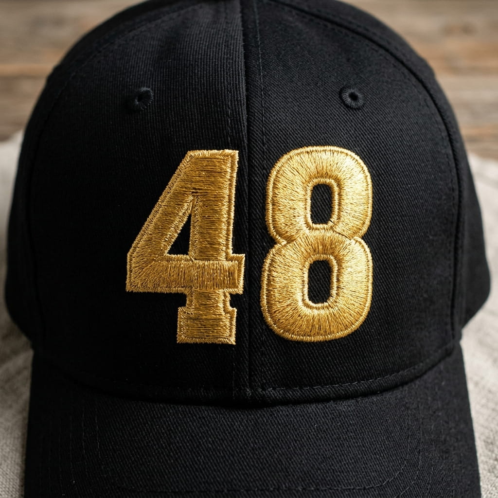 Metallic-thread number embroidery on a cap