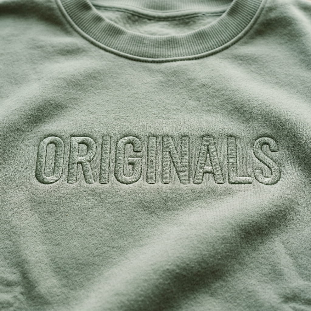 Tonal tone-on-tone embroidery on a fleece crewneck