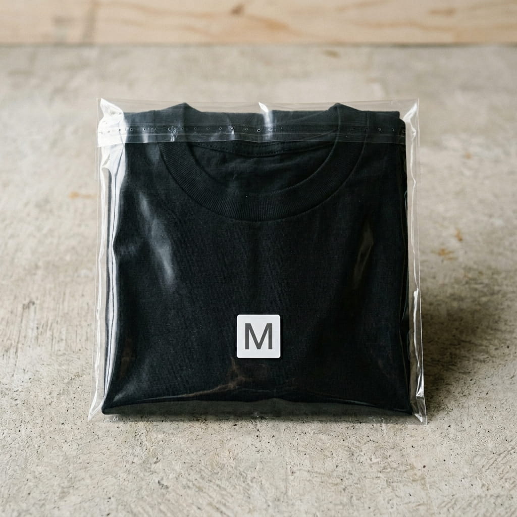 Folded tee sealed in a poly bag with size sticker