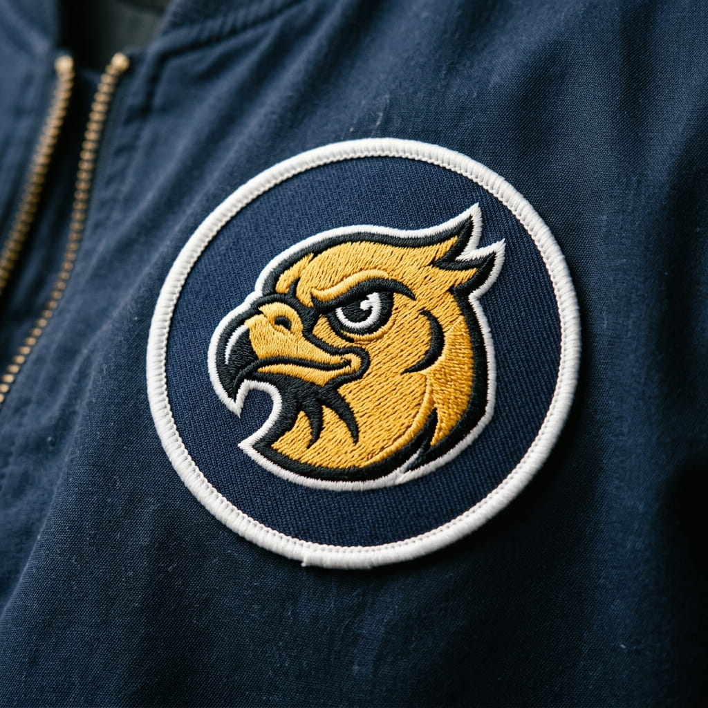 Embroidered emblem patch on a bomber jacket