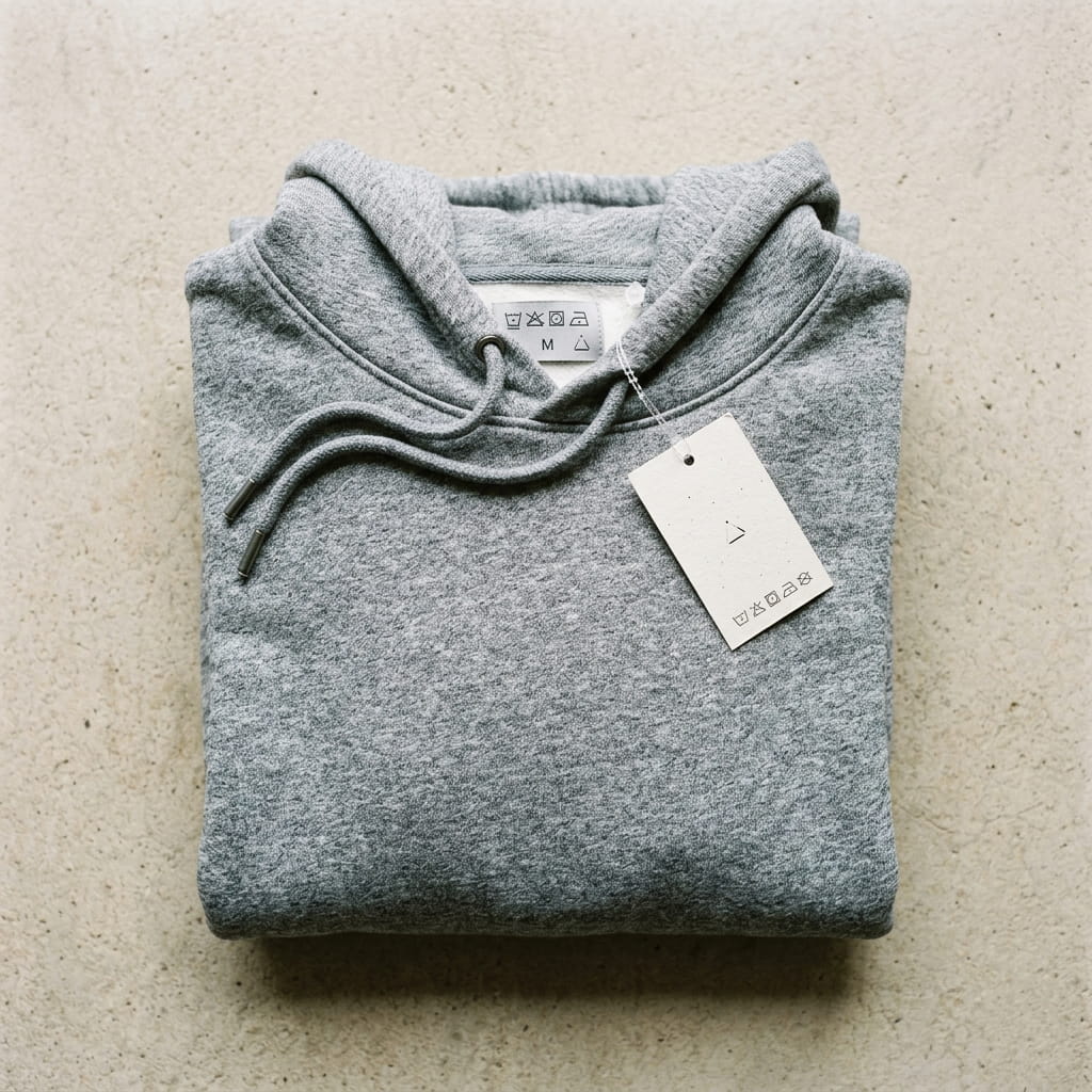 Retail-ready folded hoodie with hang tag and neck label
