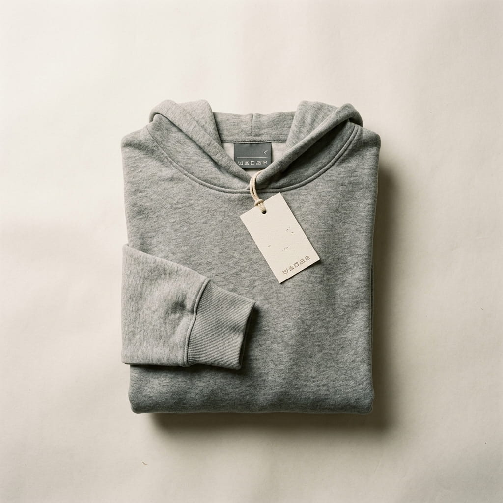 Retail-ready folded hoodie with hang tag