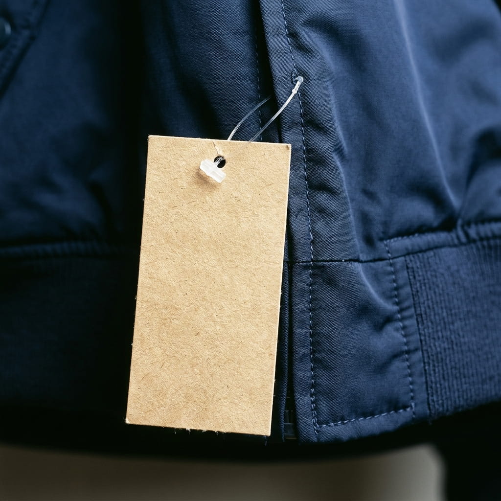 Tagging-gun hang tag through a jacket seam