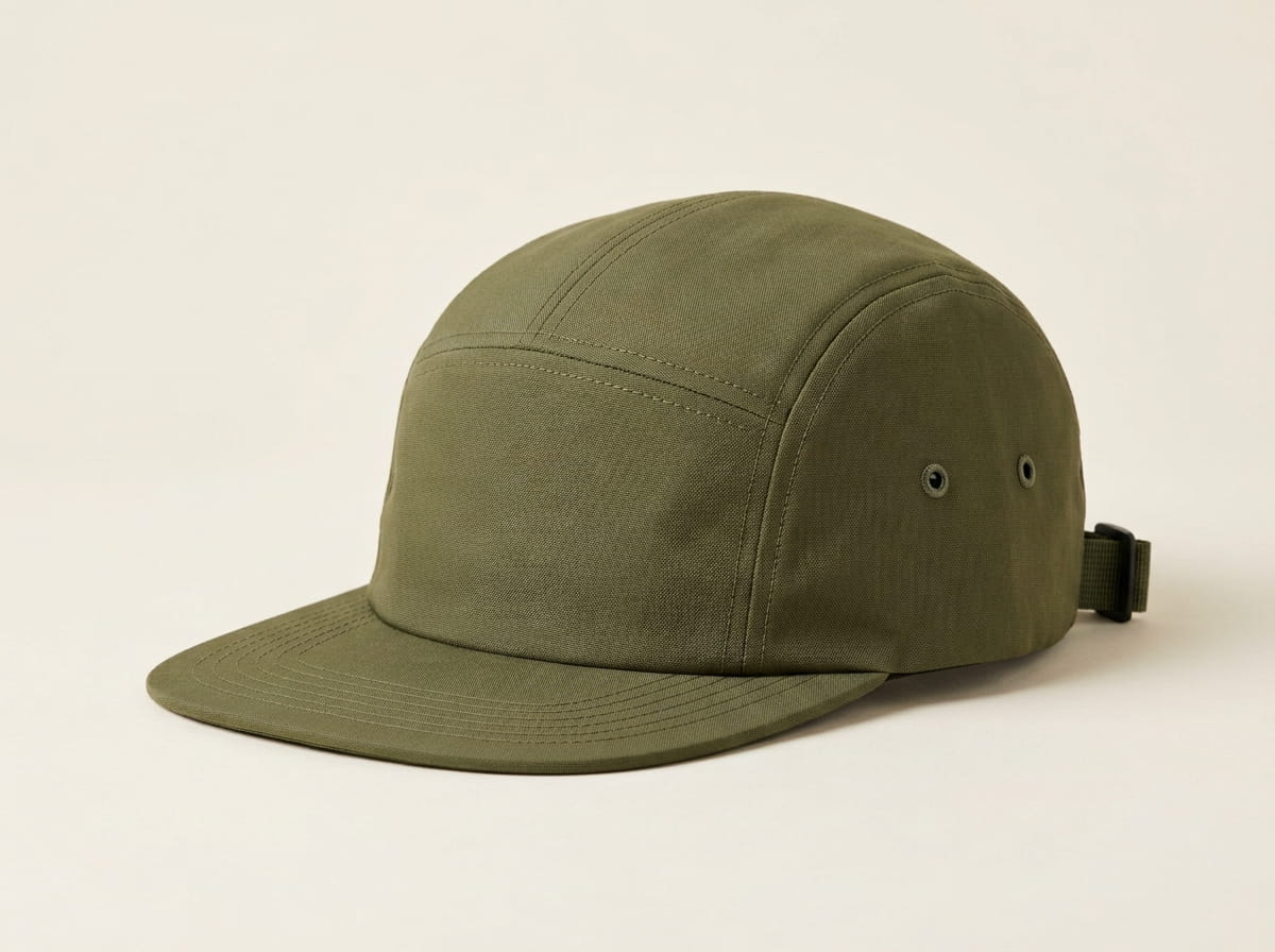 Custom five-panel cap anatomy — seamless front panel, side panels, sewn eyelet vents, short flat brim, adjustable back closure