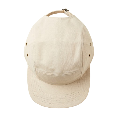 Custom Five-Panel Cap decoration zones — top-down flat-lay showing the seamless front panel, side panels, and short flat brim