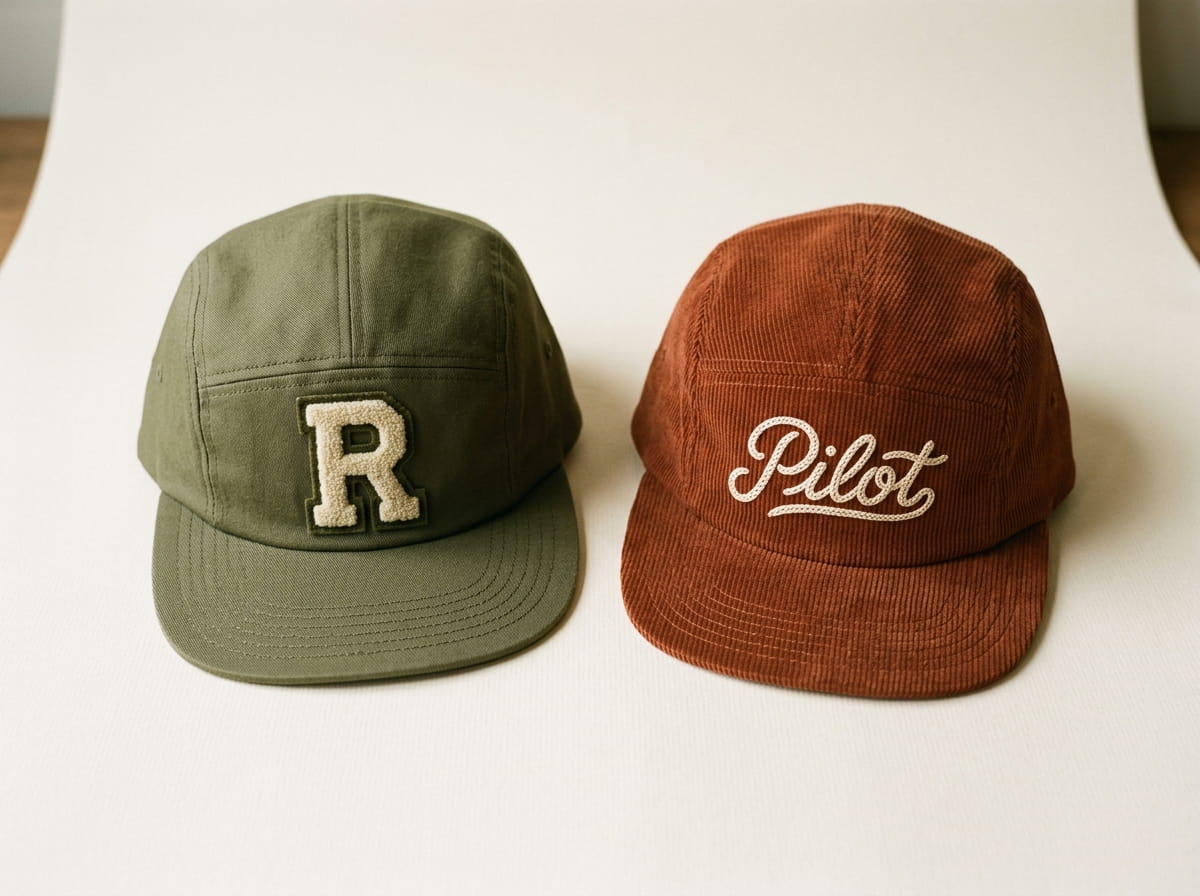 Two five-panel caps showing a chenille letter patch and chain-stitch embroidery side by side