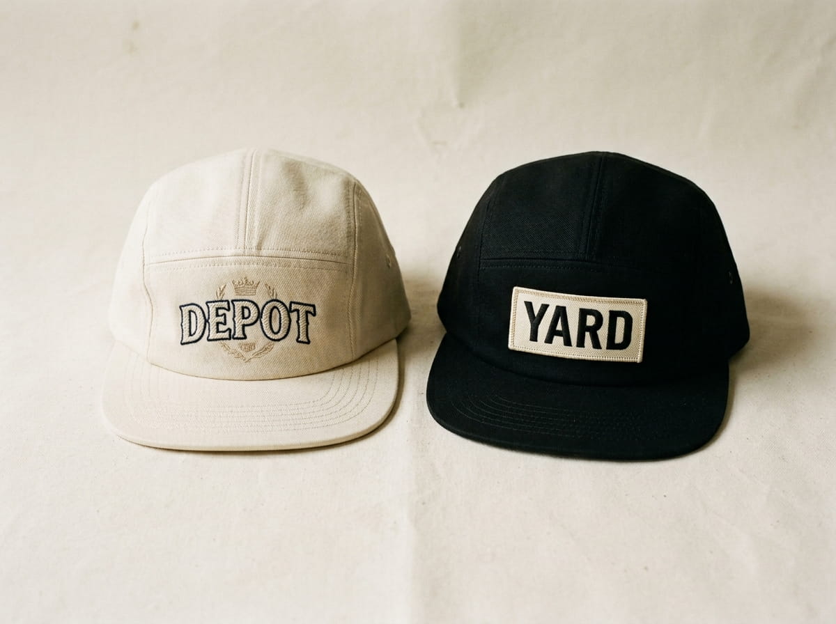 Two five-panel caps showing flat embroidery and a centered woven label patch side by side
