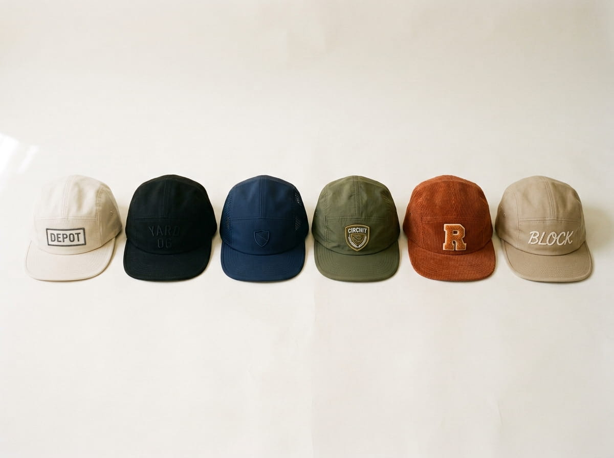 Six five-panel caps in different fabrics and decoration treatments laid in a row