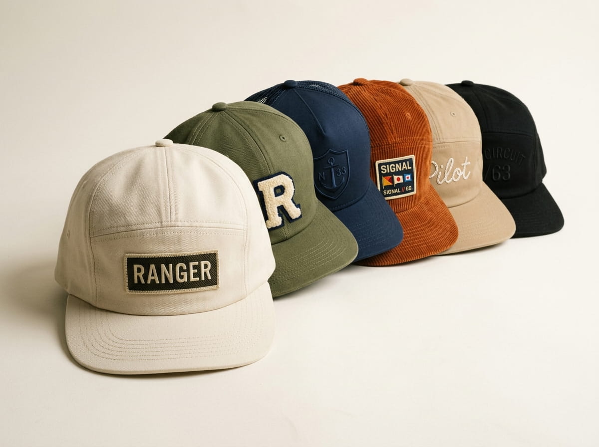 Stack of decorated five-panel caps in bulk for a streetwear and camp order