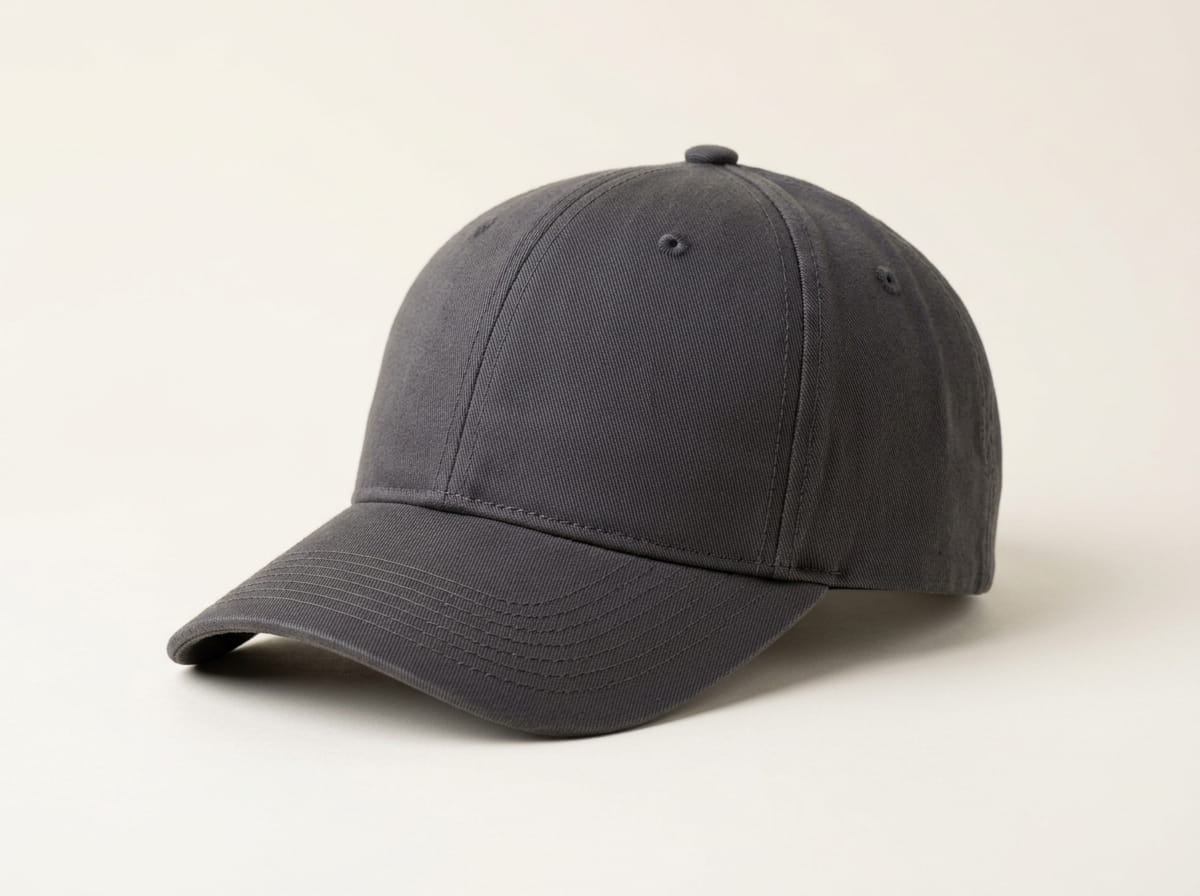 Custom cap anatomy — structured crown, front panel, side panel, sewn eyelet vents, pre-curved or flat visor, adjustable back closure